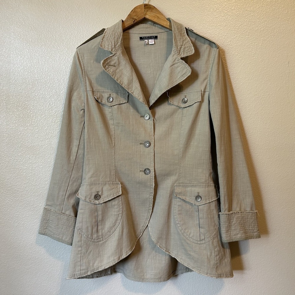 Peruvian Connection Lagenlook Safari Trench Coat Jacket Women's 14 USA Raw Edges